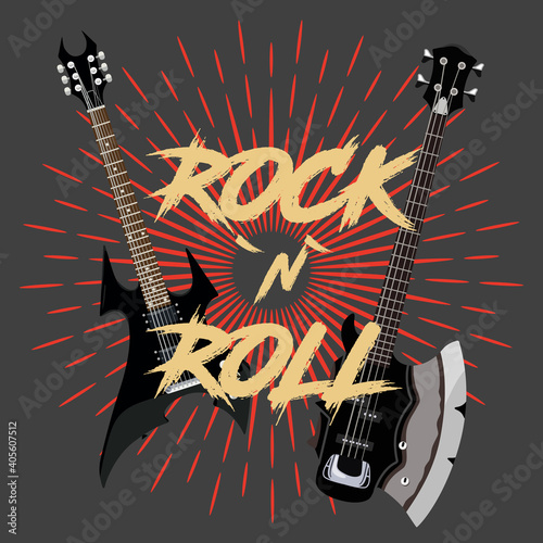 Two guitars and the inscription Rock and Roll.  Background for rock festival