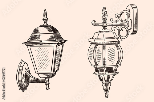 Hanging wall lamp in classic style for street lighting. Handmade sketch on a beige background.