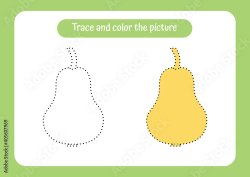 Pear. Trace and color the picture. Educational game for children. Handwriting and drawing practice. Food theme activity for toddlers, kids.