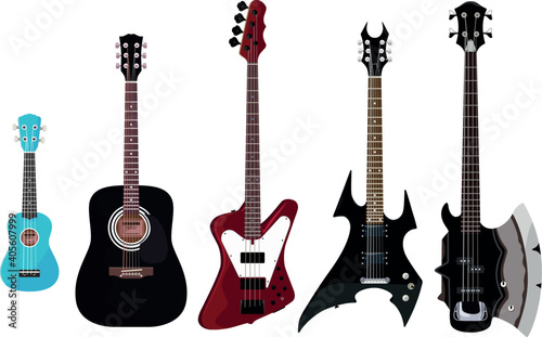 Set of guitars on a white background.Electric guitar, bass guitar, acoustic guitar and ukulele