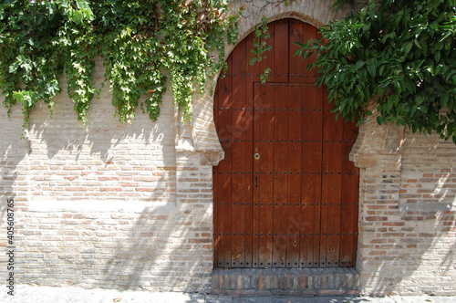 View of the streets and old buildings of Granada, historic city of Andalusia (Spain). Old wooden door
