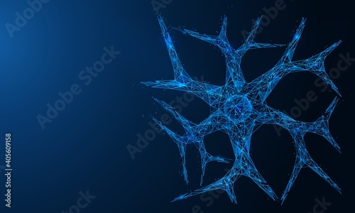 A nerve cell. Neuron of the brain. Polygonal construction of concatenated lines and points. Blue background.