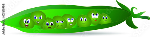 Cute little cartoon  green peas in a pod isolated on white background