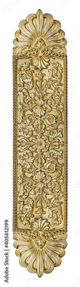 Golden decorative element with floral pattern isolated on white background. Design element with clipping path