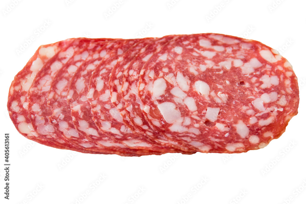 Salami smoked sausage slices isolated on white background, top view. Salami smoked sausage slices isolated on white background, top view.