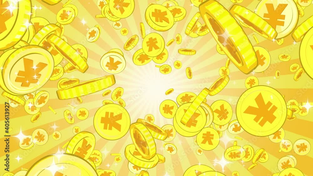 爆発と円硬貨 - イエロー背景 爆発と円硬貨 - イエロー背景