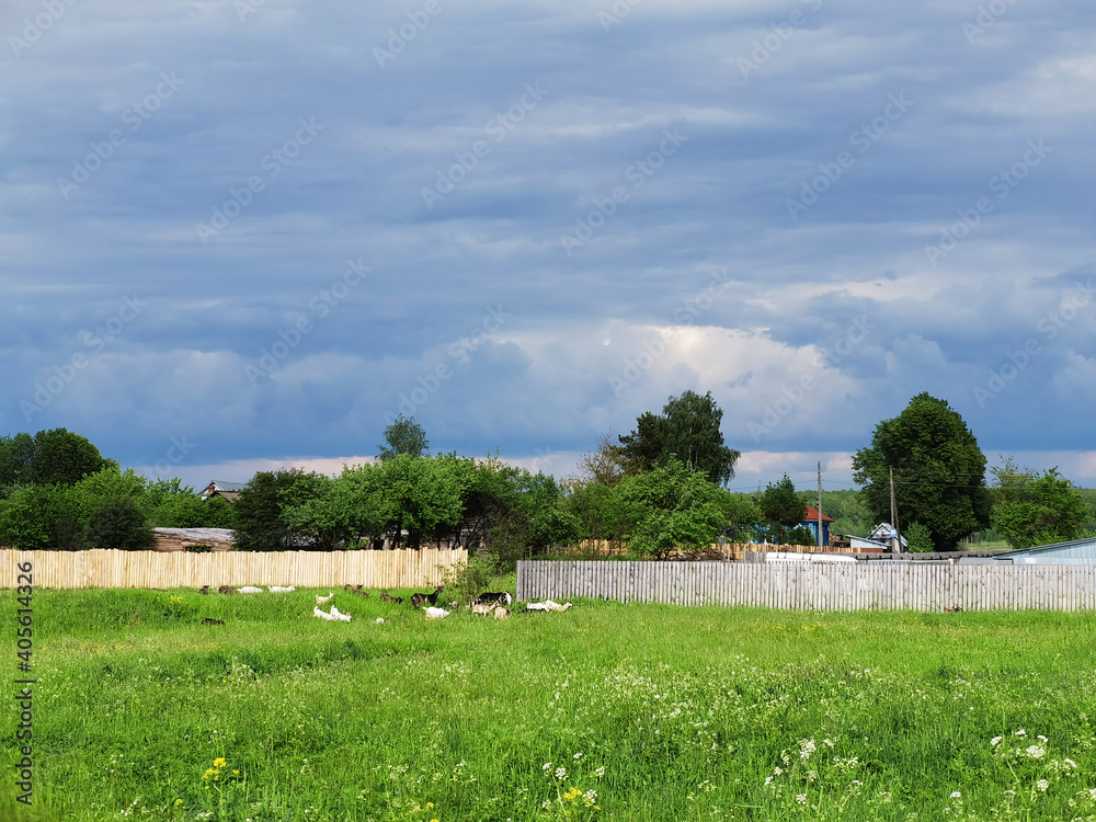 Village. Rural landscape. Dramatic sky before the storm