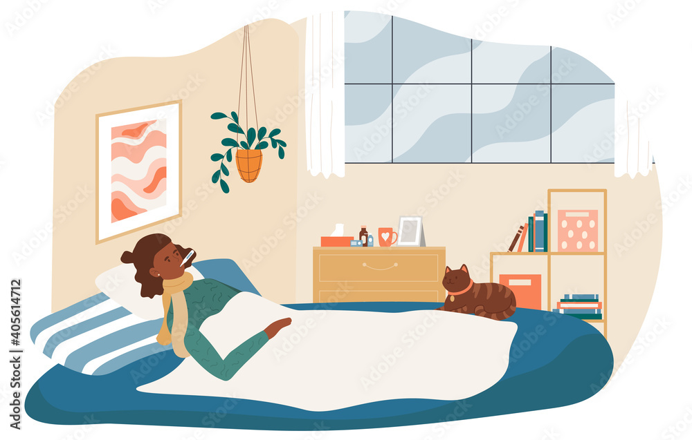 Ill female haracter is lying in bed covering blanket. Sad woman with seasonal virus symptoms is measuring temperature on sofa. Flat cartoon vector illustration Ill female haracter is lying in bed covering blanket. Sad woman with seasonal virus symptoms is measuring temperature on sofa. Flat cartoon vector illustration