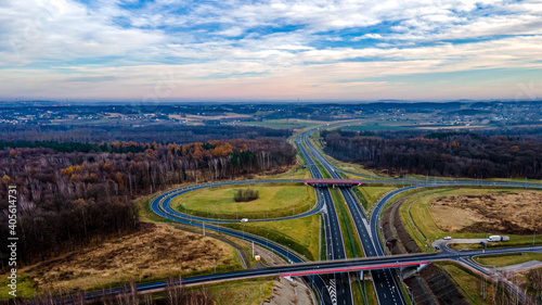 Autostrada A1 w Polsce, ostatni węzeł w Gorzyczkach na Śląsku, z lotu ptaka, ...
