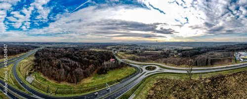 Autostrada A1 w Polsce, ostatni węzeł w Gorzyczkach na Śląsku, z lotu ptaka, ...