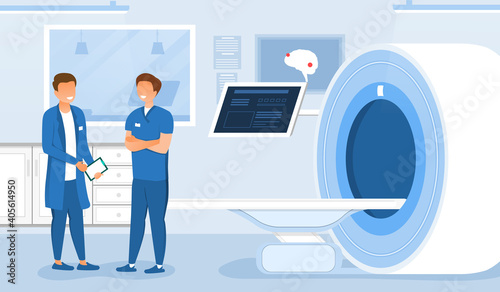Two male doctors testing magnetic resonance imaging. Men standing next to mri machine and talking. Concept of medical research and diagnosis. Flat cartoon vector illustration