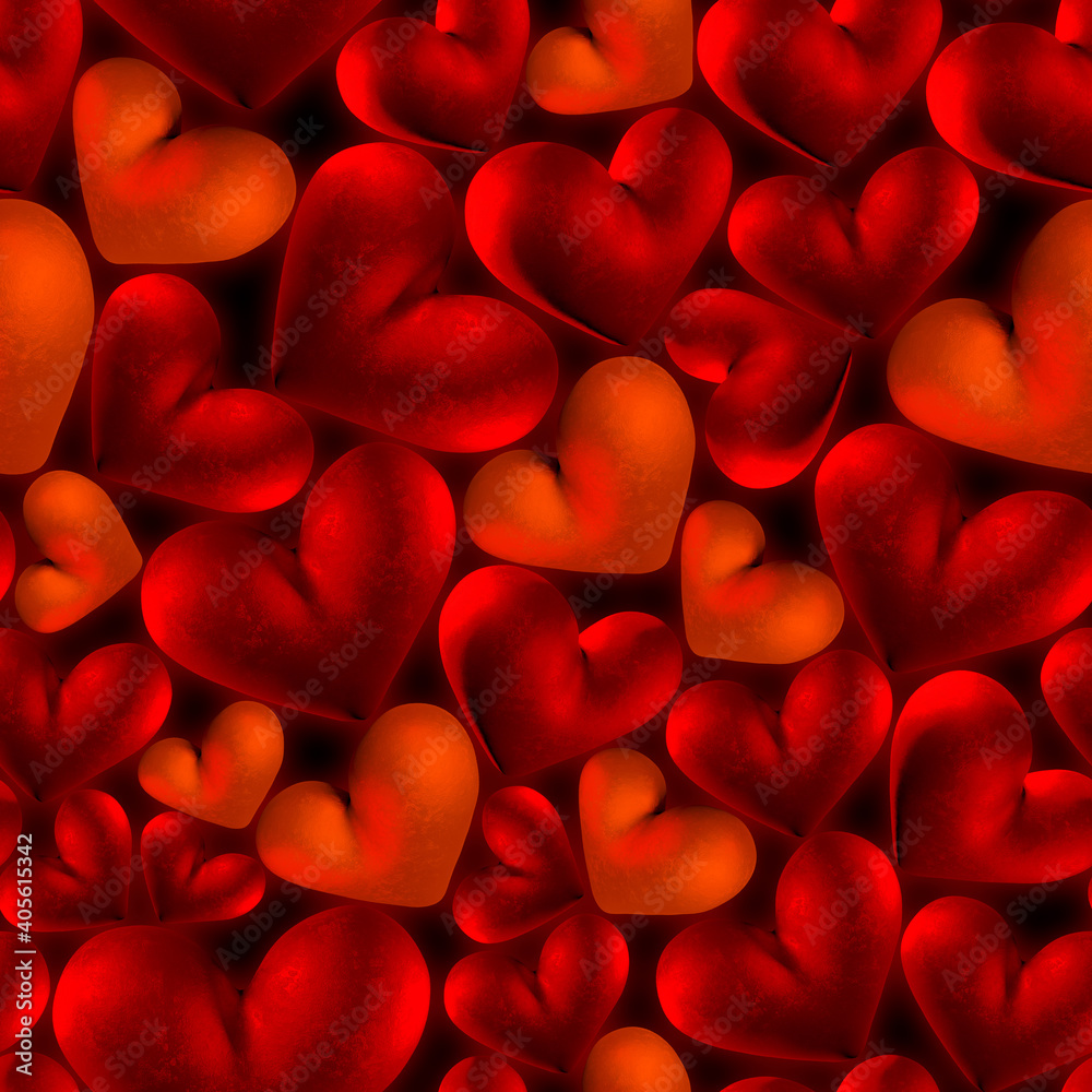 3D image, rendering Seamless pattern on a black background. red Heart. Gender. Holiday Valentine's Day. Gender symbol. Backdrop