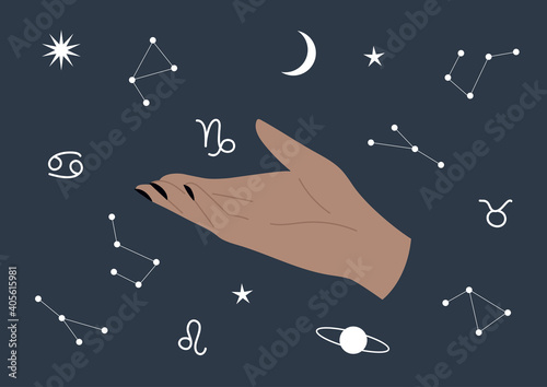 Horoscope pattern, a fortune teller's hand, star map reading