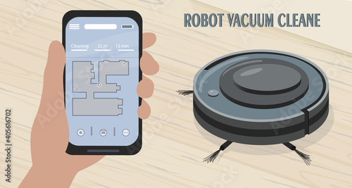 A smartphone app to control the robot vacuum cleaner. Modern smart home appliances for cleaning apartments. Smart appliances. washes and cleans the wood floor from debris and dirt. Vector