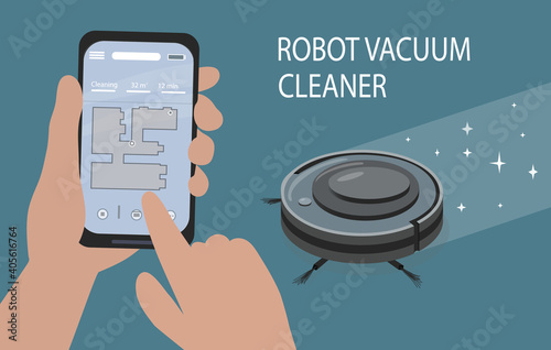 A smartphone app to control the robot vacuum cleaner. Modern smart home appliances for cleaning apartments. Smart appliances.