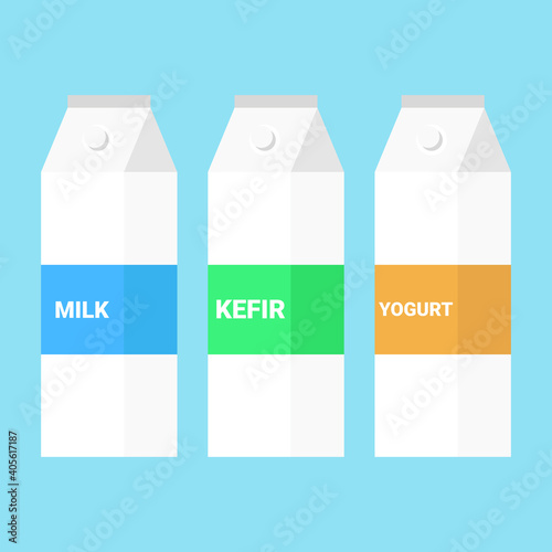 Three packs of dairy products: milk,  kefir,  yogurt. Vector illustration.