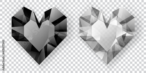 Two hearts in black and white colors made of crystals witn shadow on transparent background