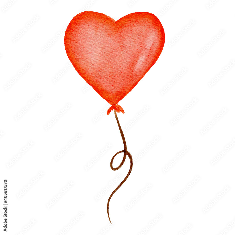 Watercolor red heart balloon isolated on white backgraund. Objects perfect for Valentine's day card or romantic post cards Watercolor red heart balloon isolated on white backgraund. Objects perfect for Valentine's day card or romantic post cards