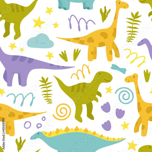 Fototapeta Naklejka Na Ścianę i Meble -  Seamless pattern with dinosaurs. Illustration for children. Traces, Plants, Stars, Clouds, Springs, Figures. Vector. Hand drawn. It can be used for bedding, clothing, fabrics, covers, wrapping paper.