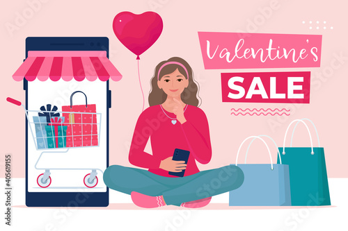 Girl is making purchases via smartphone. Valentine’s Sale, online shopping concept. Store. Vector illustration in flat style