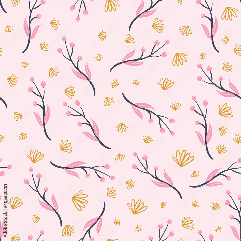 Modern seamless branch pattern with pink background