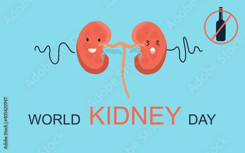 World Kidney day banner. Cute healthy human organ.Stop alcohol addiction.Nephrology.Pyelonephritis and renal failure disease.Stones,cystitis chronic illness.Problem with filtration,dialysis.Vector