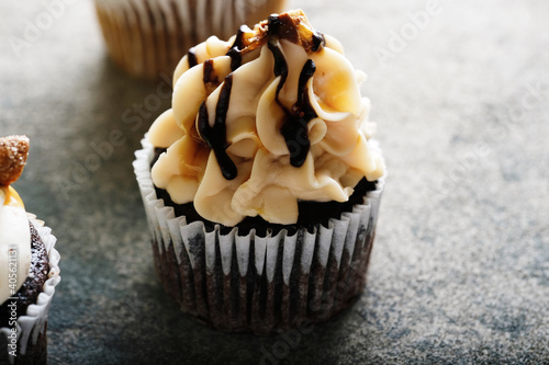 Photography Chocolate Cupcake with sweet syrup drizzle over icing close up.