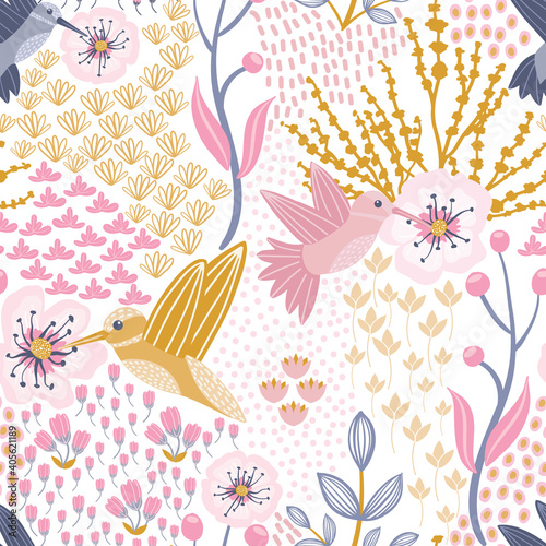 Hummingbird and Cherry Blossom White Background Seamless Pattern
