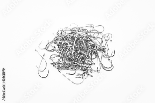Fishing hooks on an isolated white background.