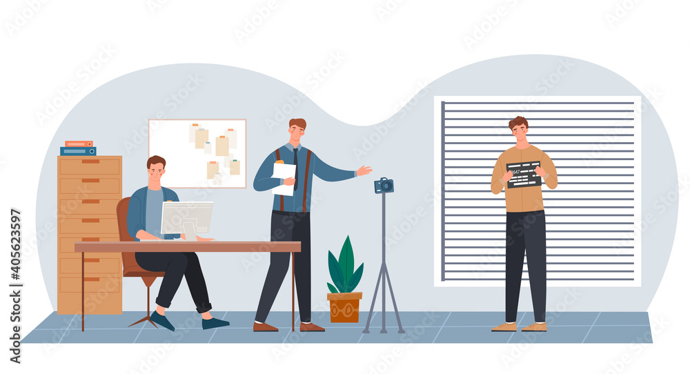 Fototapeta premium Two police officers making a mugshot of a convict. Convicted manis holding a sign with his name for photo at the police station. Flat cartoon vector illustration