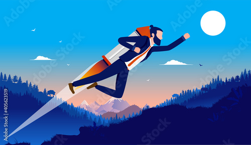 Career boost - Businessman with jetpack flying upwards towards success. Aiming high and motivated man concept. Vector illustration. photo