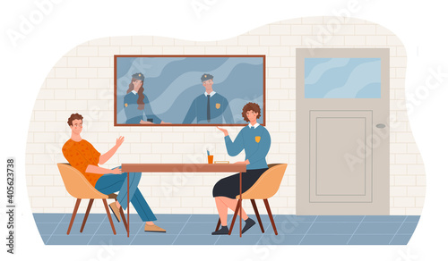 Female police officer is talking to a suspect in interrogation room at police station. Male and female police officers are watching interrogation through the glass. Flat cartoon vector illustration