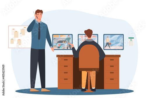 Two male security workers looking at video monitors of surveillance cameras of supermarket. Concept of cecurity system technology monitoring supermarket shoplifters. Flat cartoon vector illustration