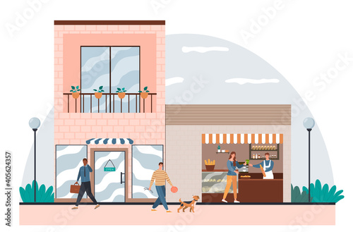 Male vendor is working at outdoor takeaway food and drink on modern city street. Men and woman buying coffee and snacks. Coffeeshop with takeaway food and drinks. Flat cartoon vector illustration