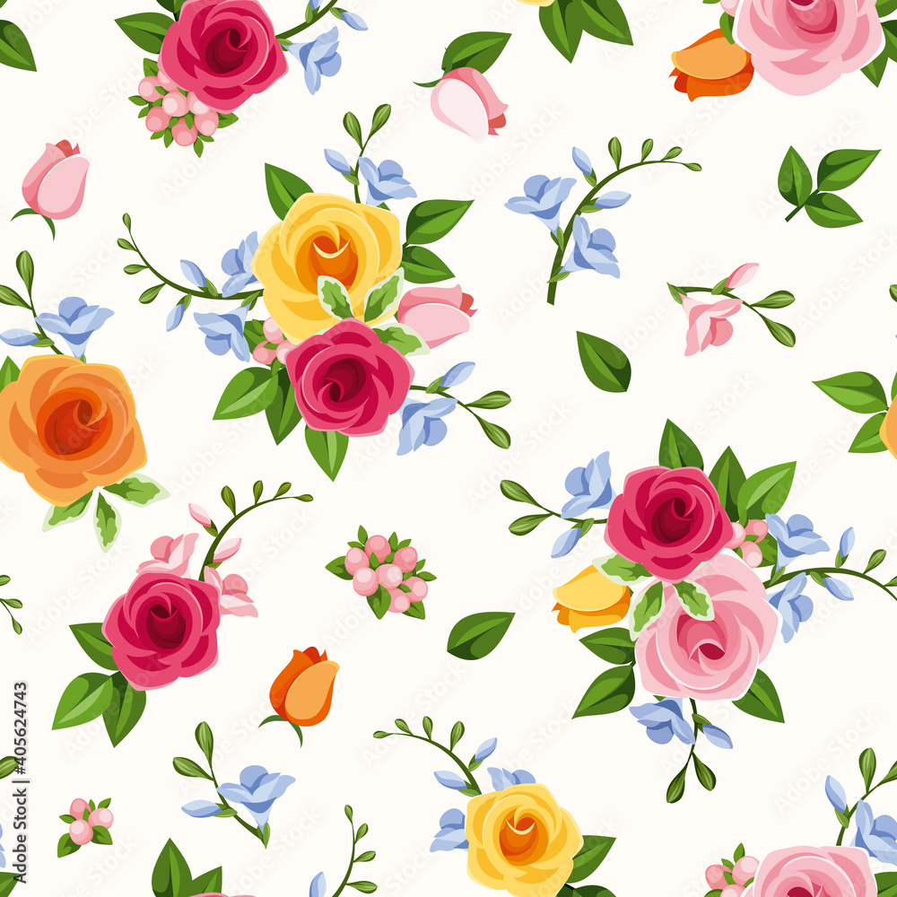 Vector seamless pattern with red pink, orange, yellow and blue roses and freesia flowers.
