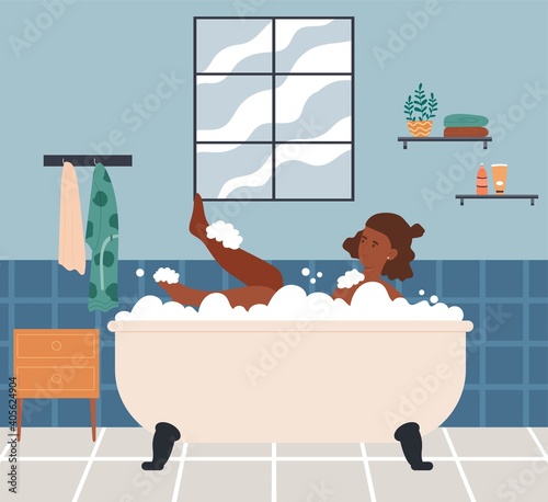 Relaxed female character is taking a bath. Woman lying in foam bubbles and chilling. Flat cartoon vector illustration