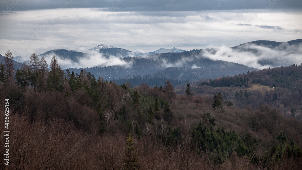 Mglisty górski krajobraz podczas pochmurnego dnia po deszczu, Bieszczady, Polska