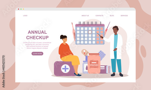 Female character is doing annual checkup at medical center. Doctor in robe is checking calendar to make checkup more precise. Website, web page, landing page template. Flat carton vector illustration