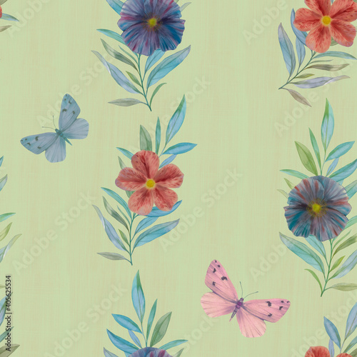Flowers and butterflies seamless pattern. Botanical watercolor pattern. Abstract ornament flowers, leaves and butterflies for design, print, packaging, wallpaper.