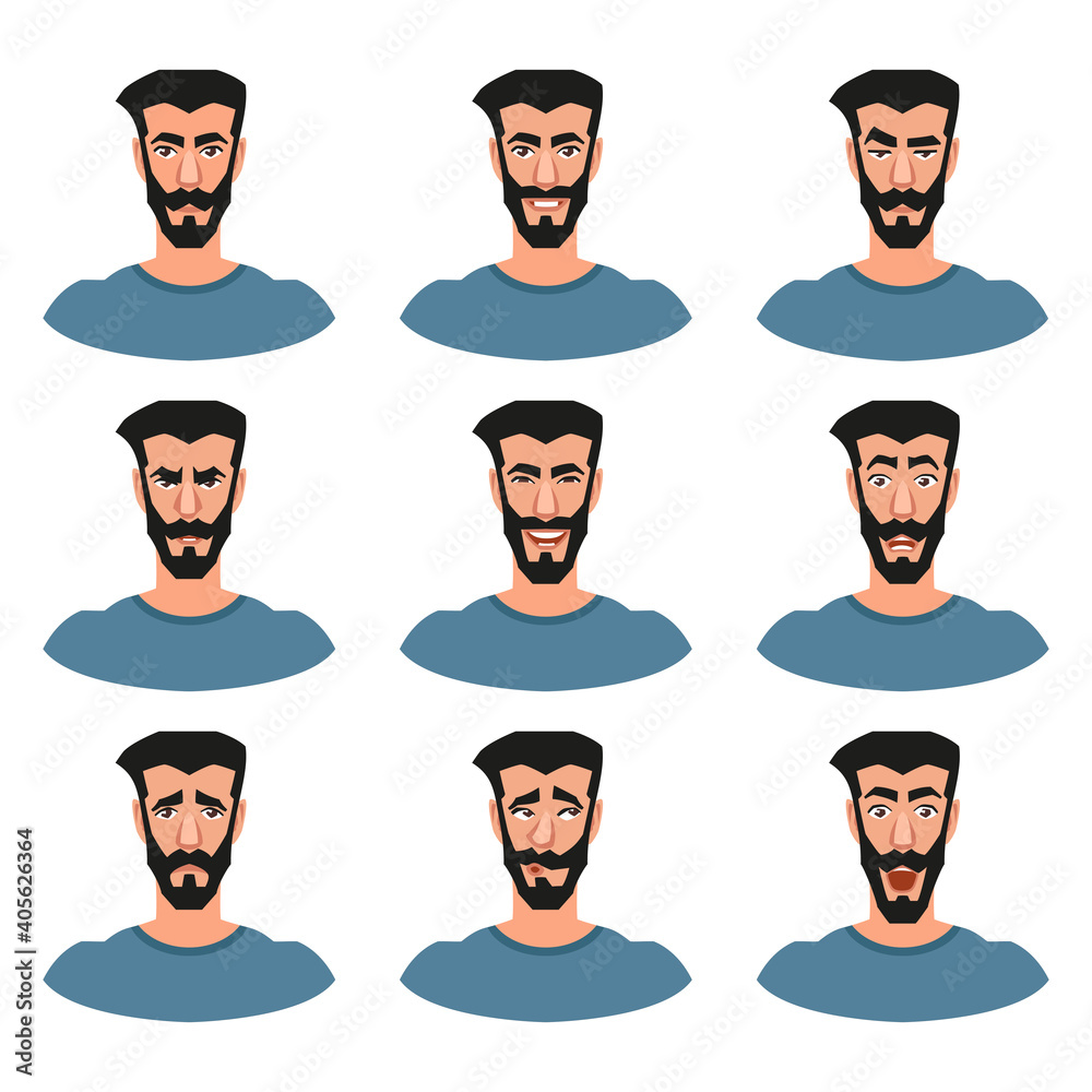 Set of male facial emotions. Bearded man character. Vector. Set of male facial emotions. Bearded man character. Vector.