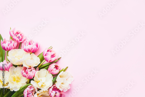 Pink tulips bouquet on a pink background. Valentines Day, Mothers Day, and Birthday celebration concept.