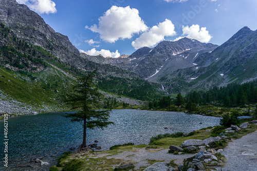 The nature and landscape of the alps seen from the shores of Lake Arpy  in the Aosta Valley  near the town of La Thuile  Italy - August 2020.
