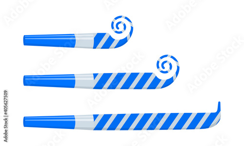 Rolled and unrolled party blowers, horns, noise makers, sound whistles isolated on white background. Side view. Christmas celebration, holidays, kids birthday concept. Vector cartoon illustration.