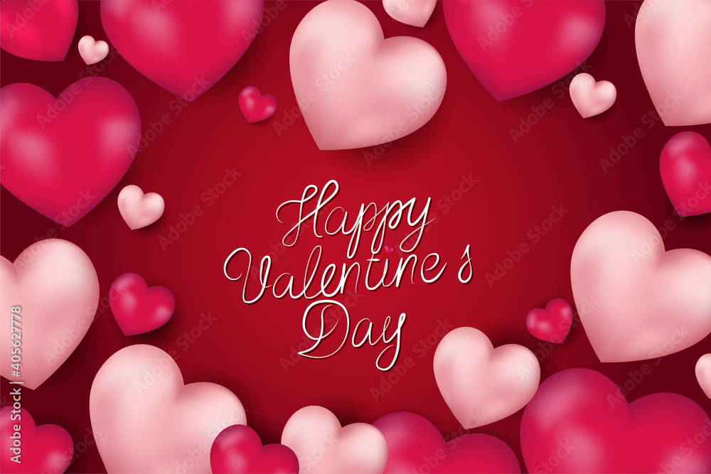Vector illustration. Romantic design for Valentine's Day. Realistic 3d red and pastel gel balloons. Handwritten text.