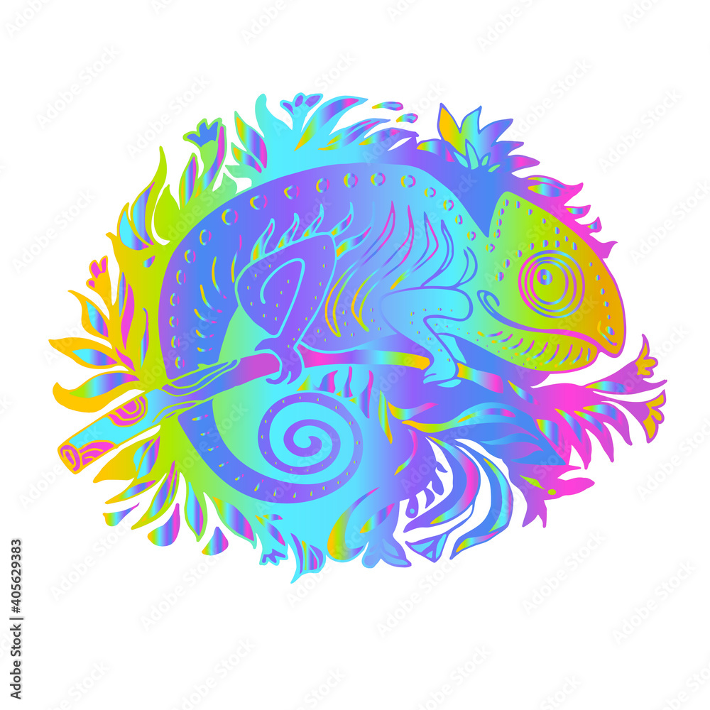 Doodle Stylized Rainbow Colors Chameleon Isolated on White Background. Hand Drawn Reptile Vector Multi Color Cartoon Illustration. Sketch for Baby Print, Accessories. Exotic Animal Collection. 