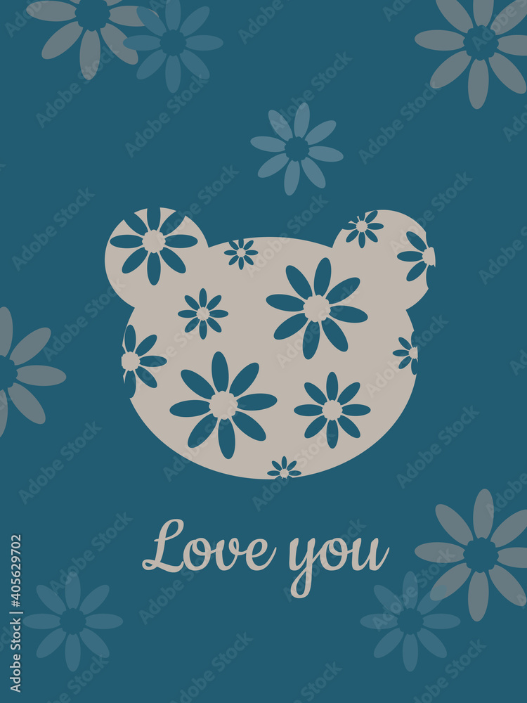 The bear's head is blue with flowers on a white background with heart. Cute holiday card for Valentine's Day, birthday. Printing illustrations on cups, textiles, clothing, gliders.