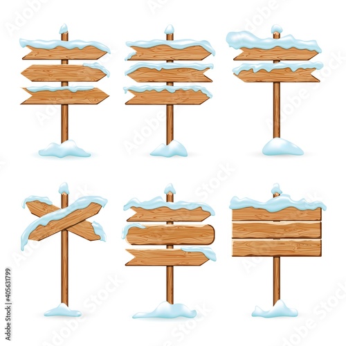 Cartoon wooden signs with iced snow. Winter holiday billboard frame isolated on white background. Christmas directional signboard plank banner element. Vector wooden pointing guidepost illustration