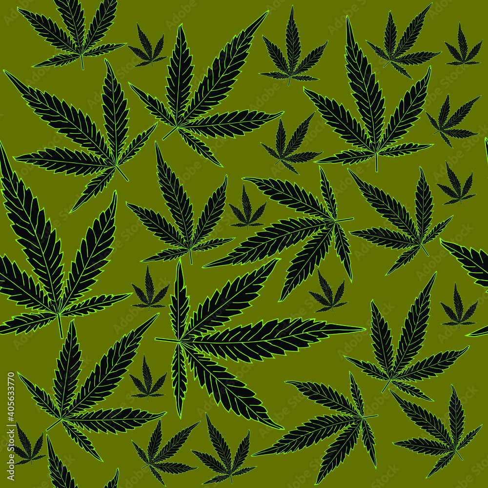 Marijuana seamless pattern. On a camouflage background, an abstract green pattern, marijuana in different sizes.