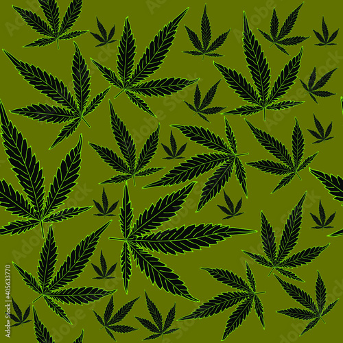 Marijuana seamless pattern. On a camouflage background, an abstract green pattern, marijuana in different sizes.