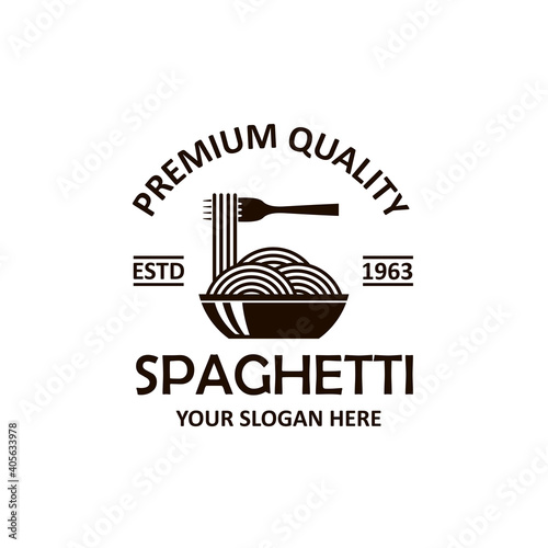 emblem of fork and dish with spaghetti isolated on white background